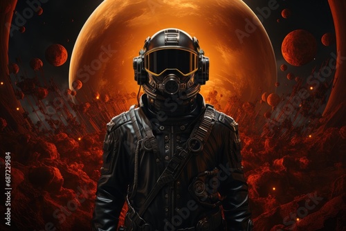 A mysterious figure clad in a sleek black suit stands before a vibrant orange planet, evoking the thrilling world of a digital compositing action-adventure game or an action film, portraying a dynami