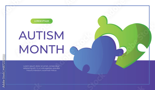 Promo banner world autism awareness day with jigsaw heart puzzle pieces. International solidarity, asperger’s day. Health care, mental illness. Social media post for poster, advertising, cover
