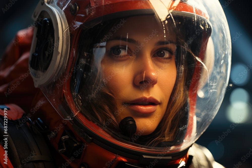 A determined astronaut dons her protective helmet, ready to face the unknown pressures of outer space with grace and strength