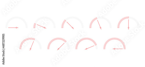 outline red-gray speedometers. nine option speedometer sets. half speed indicators photo