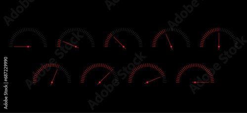 outline red-gray speedometers. nine option speedometer sets. speedometers on black background