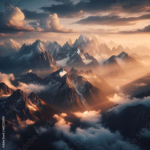 Snow-capped mountains floating in the clouds, This stunning image captures the beauty of a mountain range covered in snow and clouds. The mountains appear to be floating in the clouds.