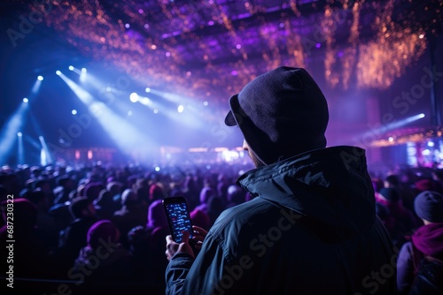 A man captures the energy of a packed concert venue with his phone, surrounded by a sea of diverse clothing and ecstatic fans
