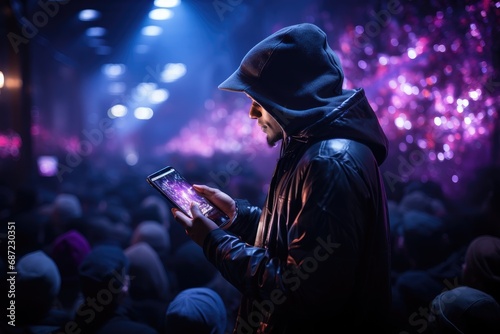 A mysterious figure, hidden under a hood and wearing a stylish hat, is captivated by the pulsing beat of the concert as he scrolls through his phone, completely lost in the music