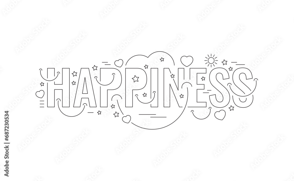 outline happiness word and happiness symbols. technical drawing happiness concept