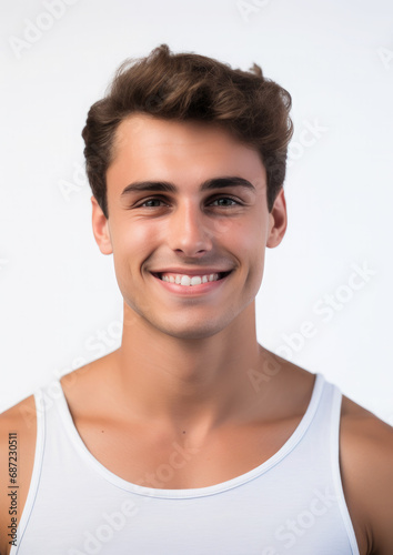handsome young man on a white background  portrait of a stylish guy  beauty shooting  studio  model  health  cosmetology  spa  skin care  hairstyle  boy  emotional face  smile  isolate  place for text