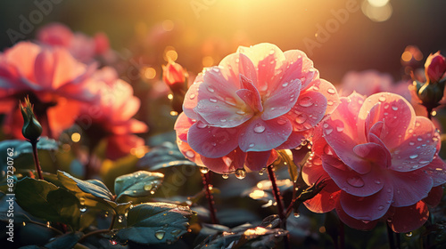  Dew-laden roses bask in the soft glow of sunrise, their petals an ode to the morning's freshness.