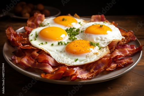 a delicious breakfast of fried eggs with bacon 