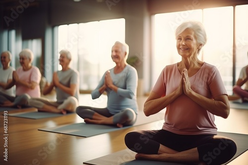 elder people practicing yoga in group in a yoga class