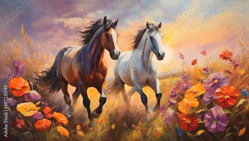  Oil painting of A pair of horses in love run towards the sun across a colorful field of flowers.