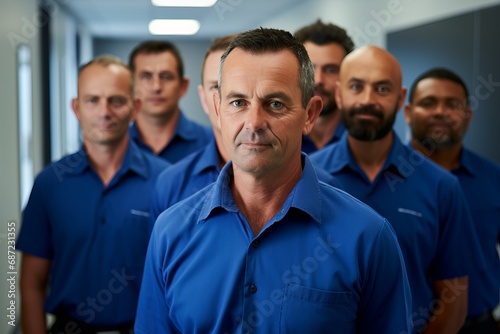 a group photo of a team of company workers wearing blue shirts and looking to camera