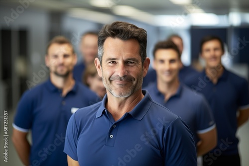 a group photo of a team of company workers wearing blue shirts and looking to camera