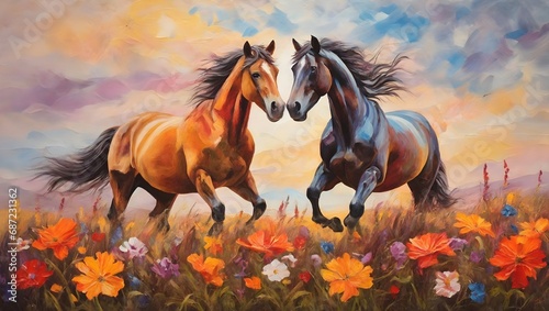  Oil painting of A pair of horses in love run towards the sun across a colorful field of flowers.