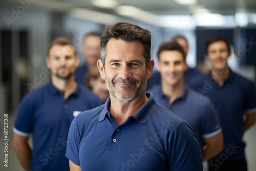 a group photo of a team of company workers wearing blue shirts and looking to camera © urdialex