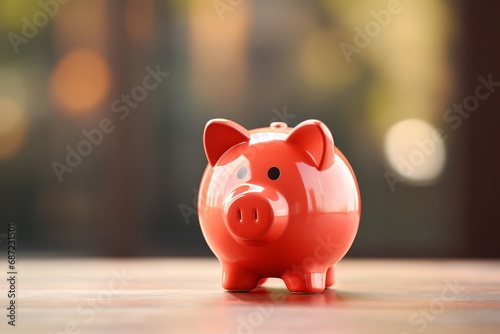 a pig money box on a table with blurred background photo