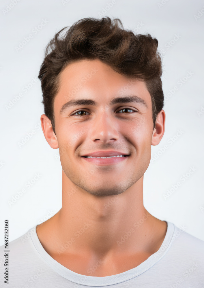 Fototapeta premium handsome young man on a white background, portrait of a stylish guy, beauty shooting, studio, model, health, cosmetology, spa, skin care, hairstyle, boy, emotional face, smile, isolate, place for text
