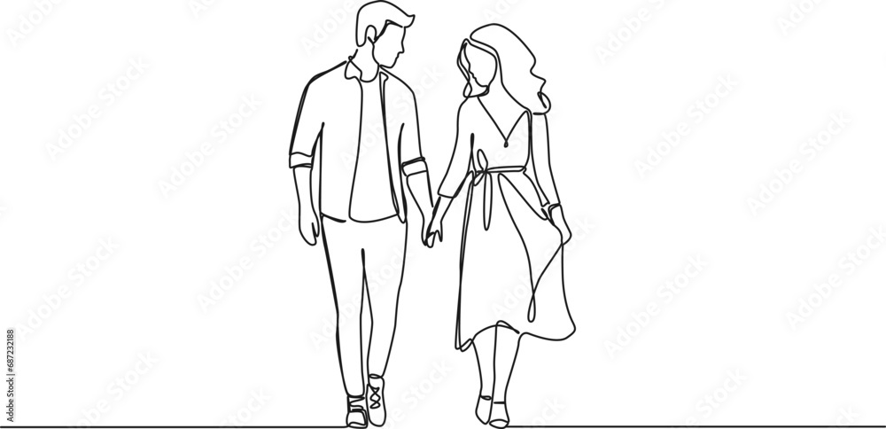 continuous single line drawing of couple walking hand in hand, line art vector illustration - obrazy, fototapety, plakaty 