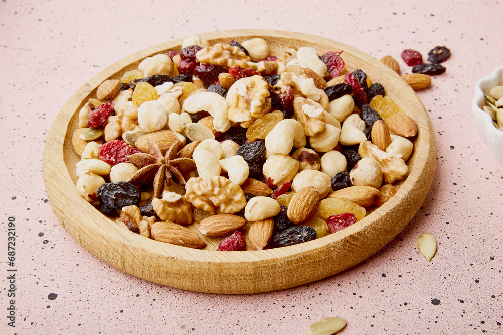 Aesthetic wooden bowl of assorted nuts close up. Healthy food and snacks. Walnuts, almonds, hazelnuts and cashews. Raisins and cranberries Aesthetic wooden bowl of assorted nuts close up. Healthy food and snacks. Walnuts, almonds, hazelnuts and cashews. Raisins and cranberries