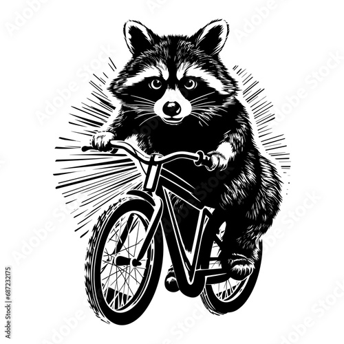 raccoon riding a bike engraving black and white vector illustration. T-shirt apparel print design. Isolated on a white background