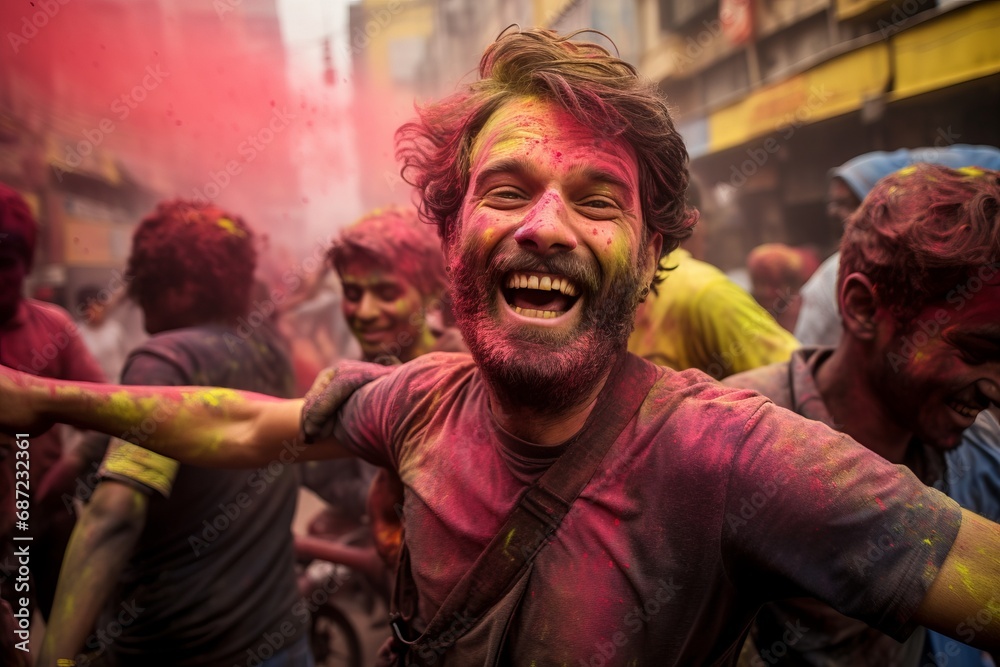 indian people celebrating holi festivan  covered in colour powders on the streets of New Delhi
