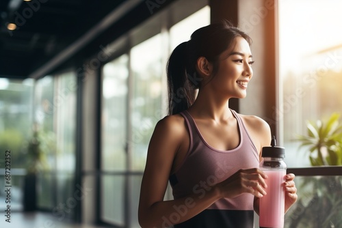 a young fit chineese woman wearing a sports bra with an energetic smoothie on her hands photo