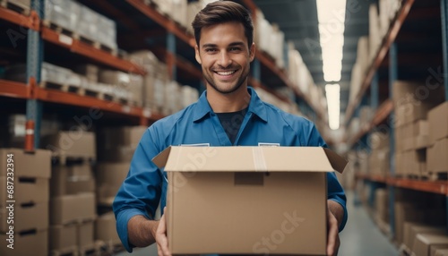 Warehouse worker scanning box while smiling at camera © Adi