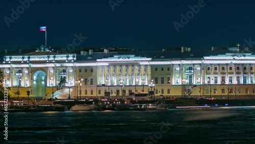 Timelapse panorama of the Illuminated Russian Constitutional Court Building with Monument to Peter I, Boris Yeltsin Library, Night Illumination, and Boats on Neva River in Enchanting Saint-Petersburg photo