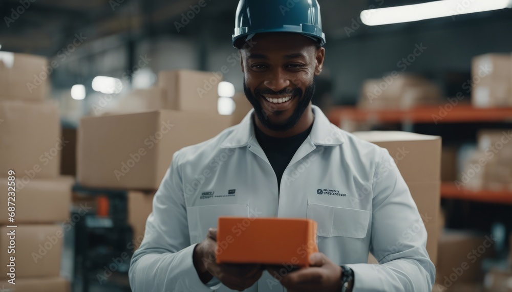 Warehouse worker scanning box while smiling at camera Warehouse worker scanning box while smiling at camera