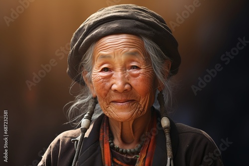 portrait of an old vietnamese peasant woman with a traditional hat looking to camera with a smile