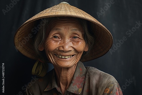 portrait of an old vietnamese peasant woman with a traditional hat looking to camera with a smile photo