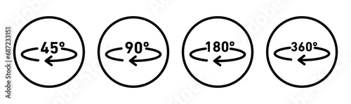 Angle 45 to 360 degrees icon. geometric mathematical angle radian of 45, 90, 180, 360 degree  rotation arrow symbol set. angle turn rotation or swivel degree vector line logo photo