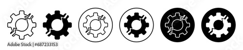 broken gear icon. disconnected or false connection in industrial work due to malfunction or failure in mechanical part symbol set. broken gear wheel or damage gear with crack due to fault vector logo
