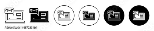 E learning icon. online digital display to learn and studying diploma or graduation course from university symbol set. e learning or virtual academy study education in laptop vector line logo