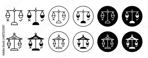 Ethics icon. legal law equality or morality and ethical scale shows core value and transparency in justice with ethics symbol set. standard law principle and integrity vector line logo