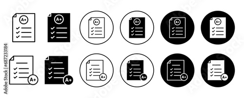 Grades icon. education or learning exam result grade or A+ ratings symbol set. quiz study or questionnaire grade for student examination mark card vector line logo