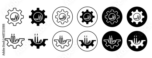 factory and gear icon. manufacturing and refinery company unit with chimney building plant symbol set. engineering power station or factory with cogwheel and gear vector line logo