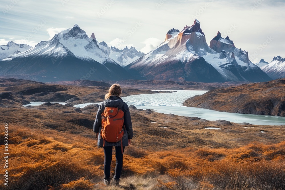 Fototapeta premium lonely trekker walking in the national parks of Patagonia