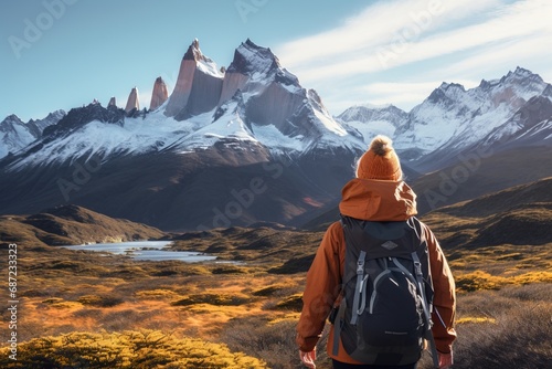 lonely trekker walking in the national parks of Patagonia