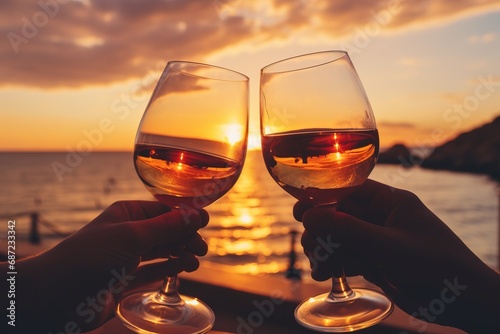 a toast with two glasses of red wine under sunset light 