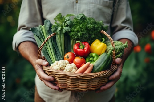 a farmer holding a basket full of healthy vegetables © urdialex