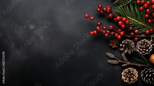 Seasonal Christmas decoration with fir cones and branches and red berries on side of black background with negative space