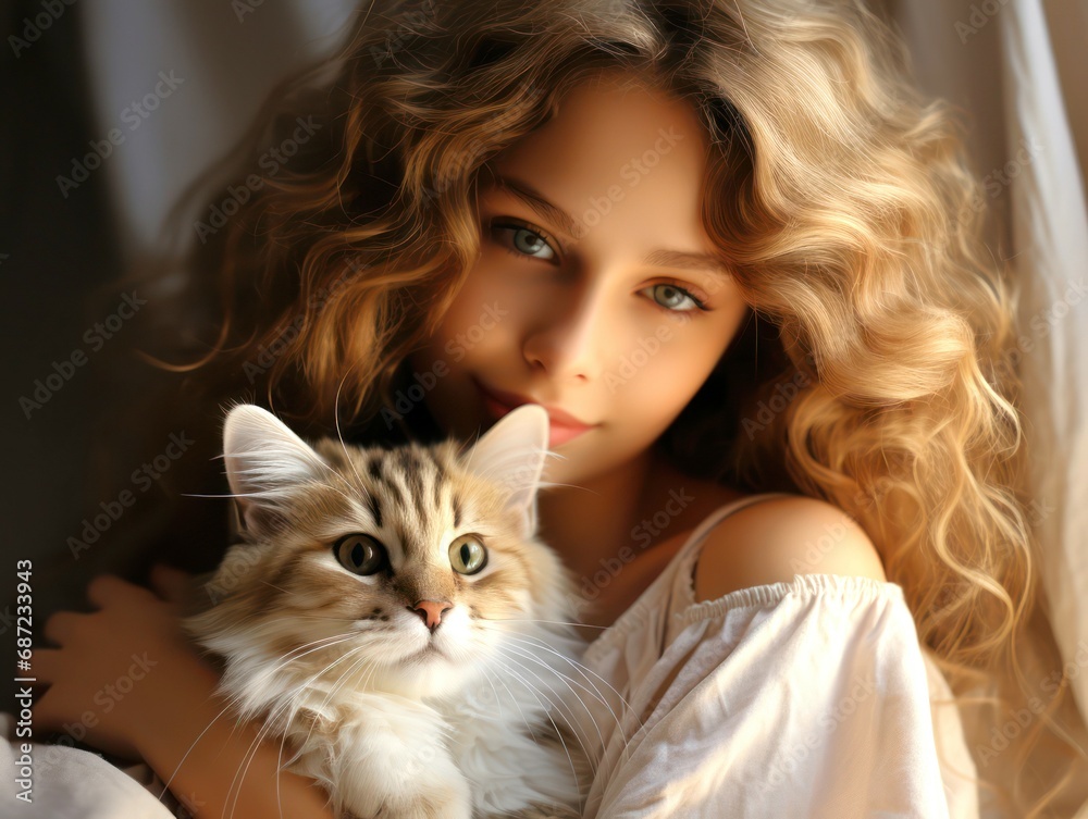 A girl with a cat.
