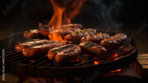 Grilled sausage with smoke.Grilled Sausage on wooden.Generative AI