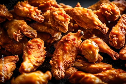 Freeze Motion Shot of Flying Fresh Fried Chicken Wings or Strips,