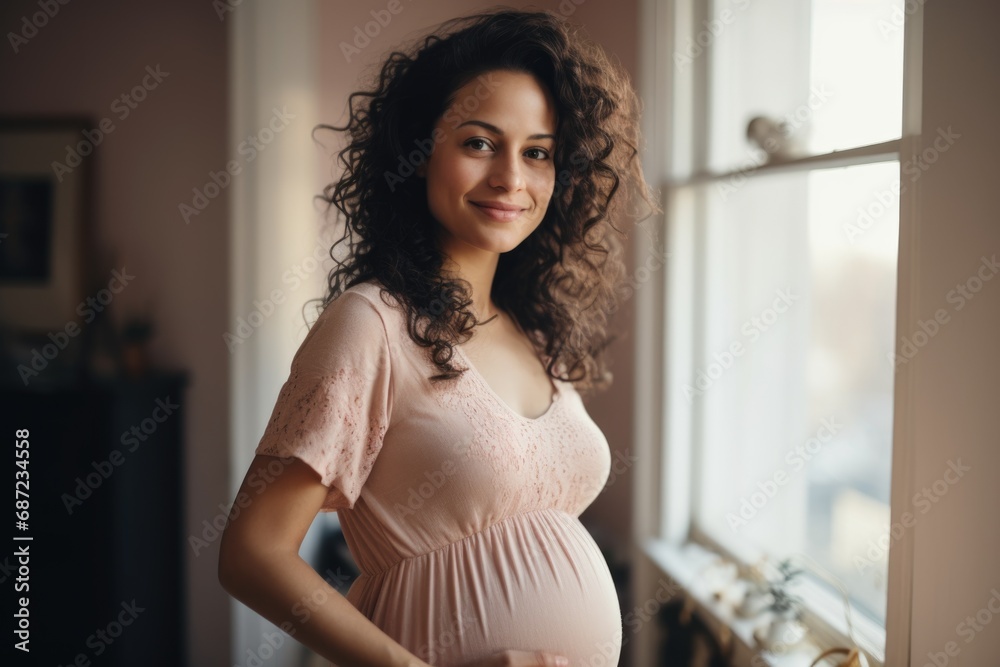 Portrait of a young pregnant woman in her home - obrazy, fototapety, plakaty 
