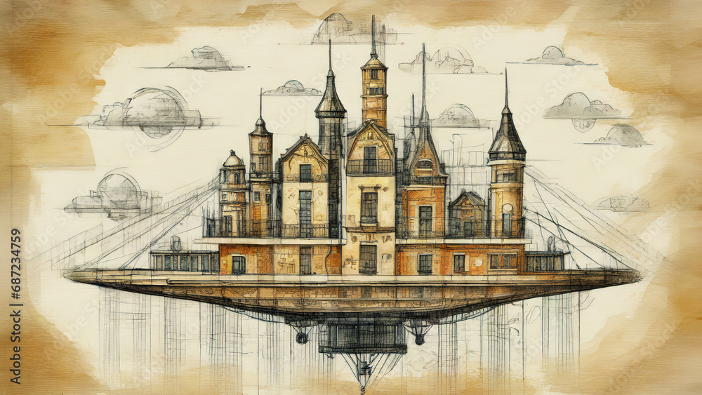 Naklejka premium A whimsical steampunk-inspired flying city soaring through the sky among floating islands