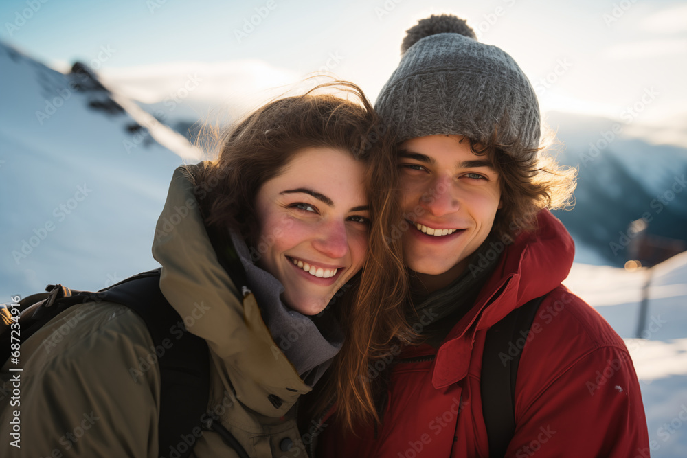 Portrait of happy young couple smiling at camera on snowy mountain background Portrait of happy young couple smiling at camera on snowy mountain background