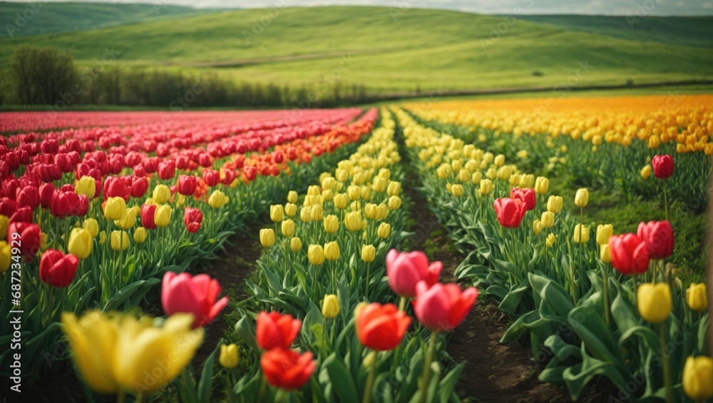An endless field is decorated with a sea of bright tulip flowers