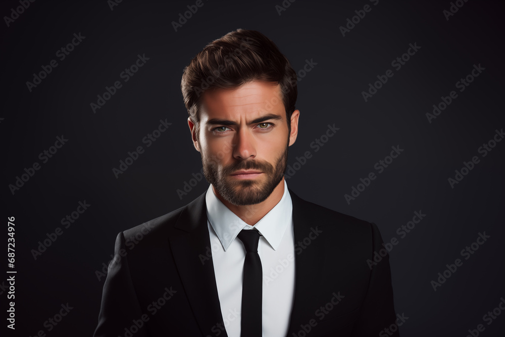 Portrait of a handsome young man in black suit on black background. Portrait of a handsome young man in black suit on black background.