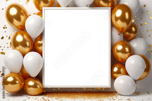 A empty transparent frame with balloons and gold glitter on it, PNG file, birthday and party